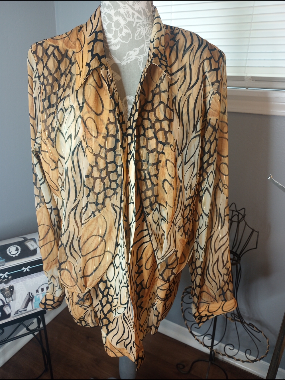 Silky Mixed Animal Print Button-Up Blouse  Tan and Black Vintage Late 80's 90's